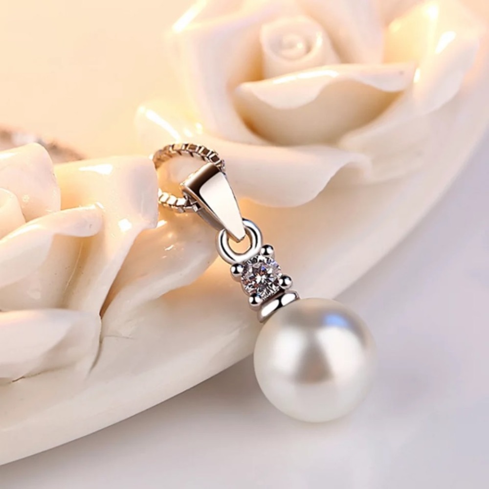 π Sterling Silver 925 Diamond Pearl Necklace - Picture 4 of 5
